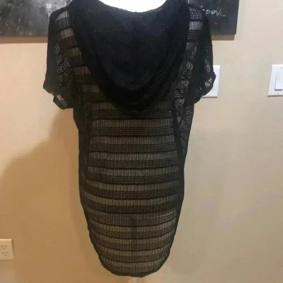 Dream Beach Black Hooded Swim Cover Up Rounded Hem Sheer Chevron Design-M - Picture 2 of 8